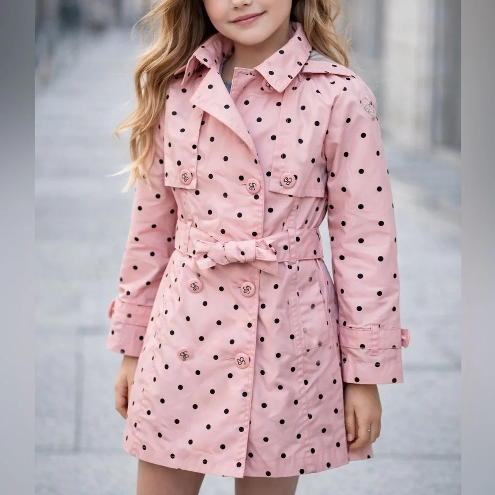 Jessica Simpson Girls Pink Polka Dot Trench Coat Size 6X | Hooded (1220)